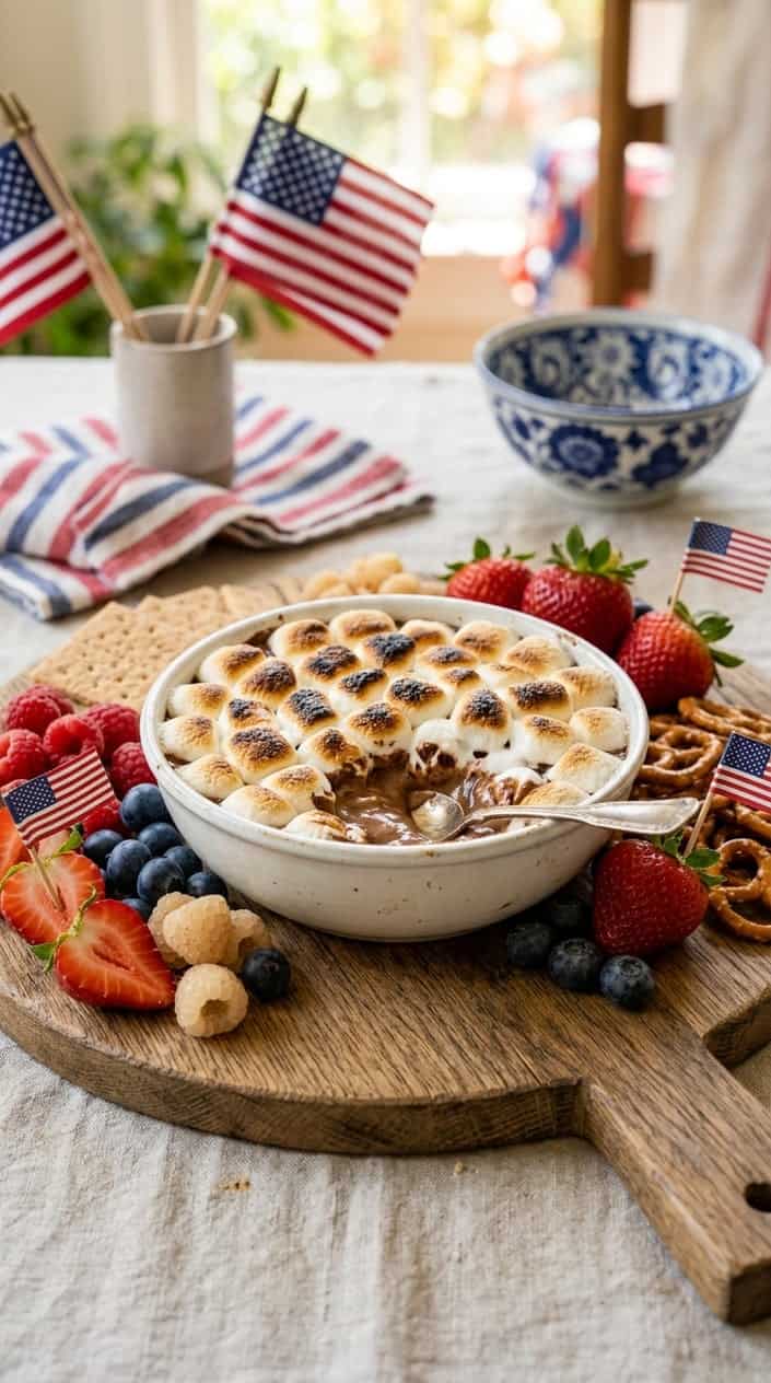 A bowl of s'mores dip topped with toasted marshmallows surrounded by fresh strawberries, blueberries, and white raspberries on a wooden board with small American flags nearby.