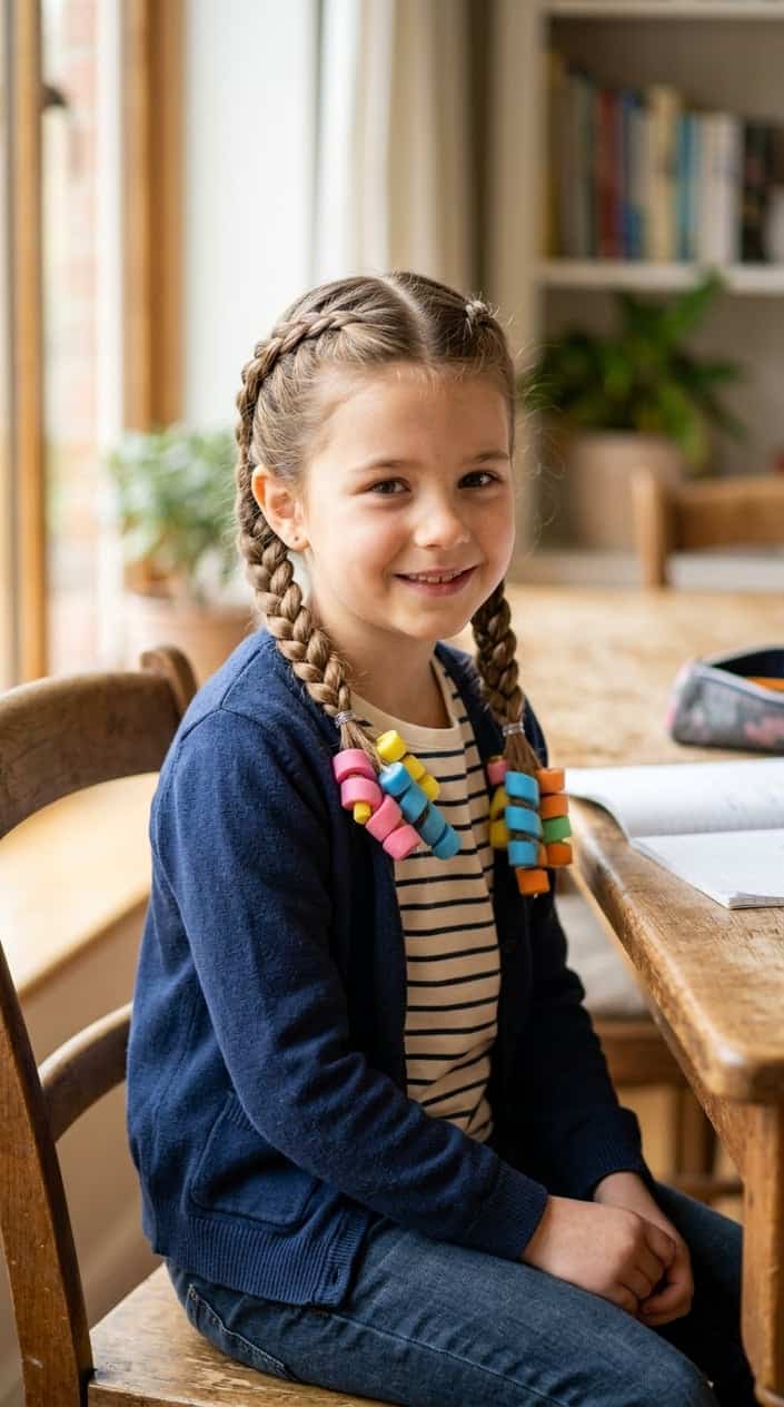 Young girl with two braided pigtails sitting indoors, smiling gently.
