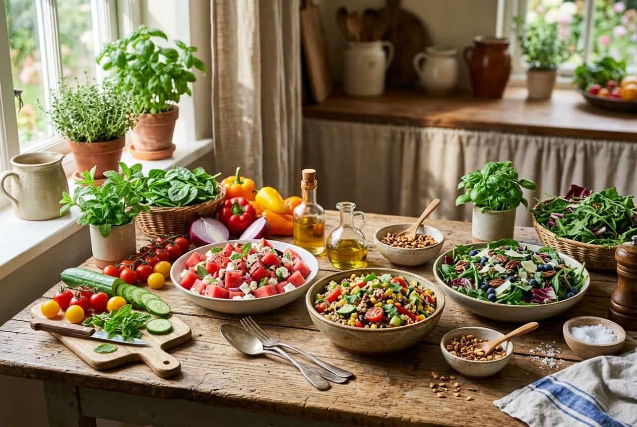 A bright kitchen counter scattered with fresh summer salad ingredients including halved tomatoes, cucumber slices, leafy greens, and several assembled bowls of colorful salads in warm afternoon light.