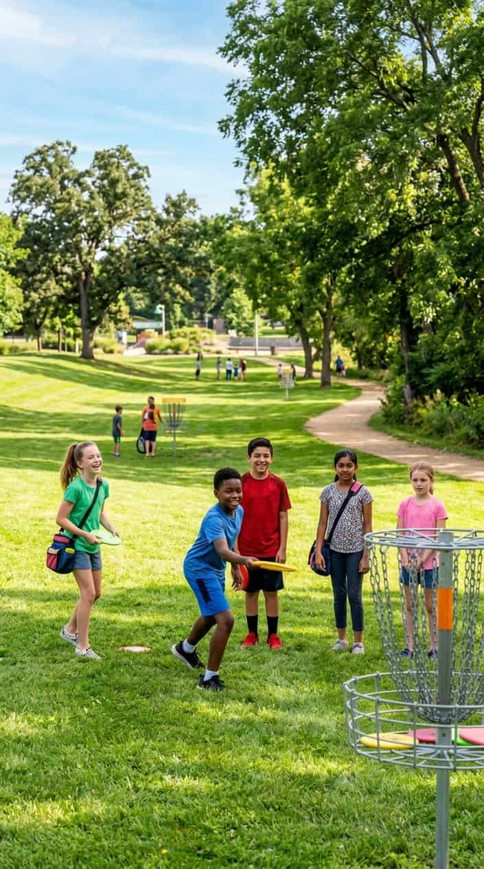 18 Kid-Friendly Outdoor Summer Activities for Tweens and Older Kids 15 Two boys mid-throw on a grassy disc golf course, one in a red shirt releasing a blue frisbee toward a metal basket goal in the distance.