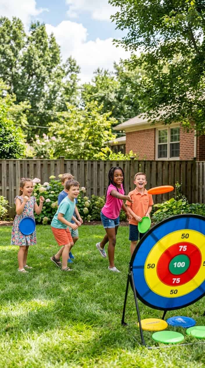 Physical Activities for Kids to Burn Off Energy 16 Children playing frisbee target toss together in a green backyard on a sunny day.