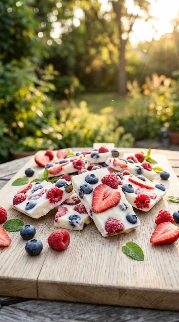 Summer Desserts That Hold Up in the Heat 2 Pieces of frozen Greek yogurt bark topped with fresh berries arranged on a wooden surface with warm sunlight in the background.