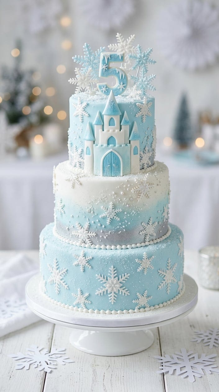 A multi-tiered children's birthday cake decorated with blue and white snowflakes and shimmering sugar crystals on a white surface.