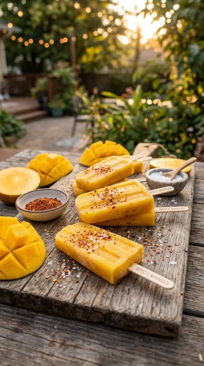 Summer Desserts That Hold Up in the Heat 18 Frozen mango popsicles sprinkled with chili salt on a wooden board, surrounded by mango slices and small bowls of chili powder and salt.