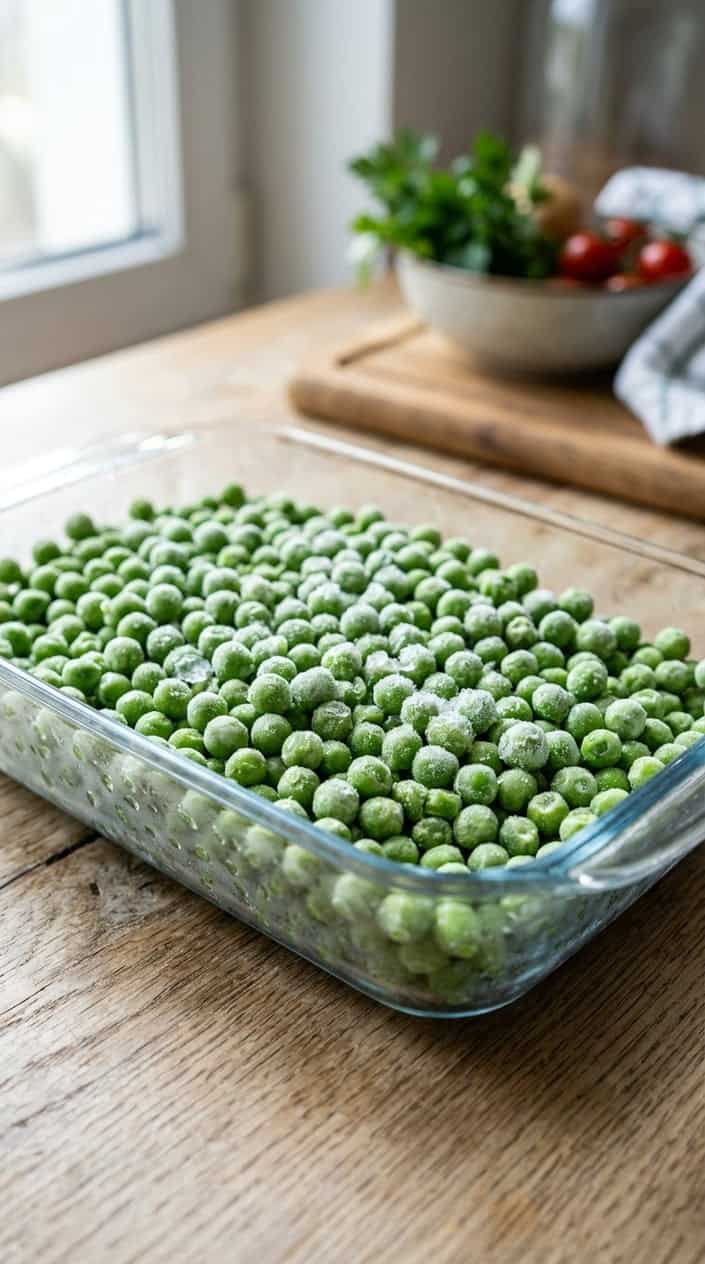 A shallow tray filled with frozen green peas on a wooden surface in a kitchen setting.