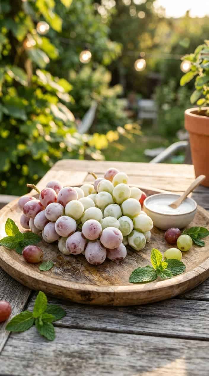 Summer Desserts That Hold Up in the Heat 9 Close-up of frozen yogurt-covered grapes on a wooden platter outdoors during warm golden hour light.