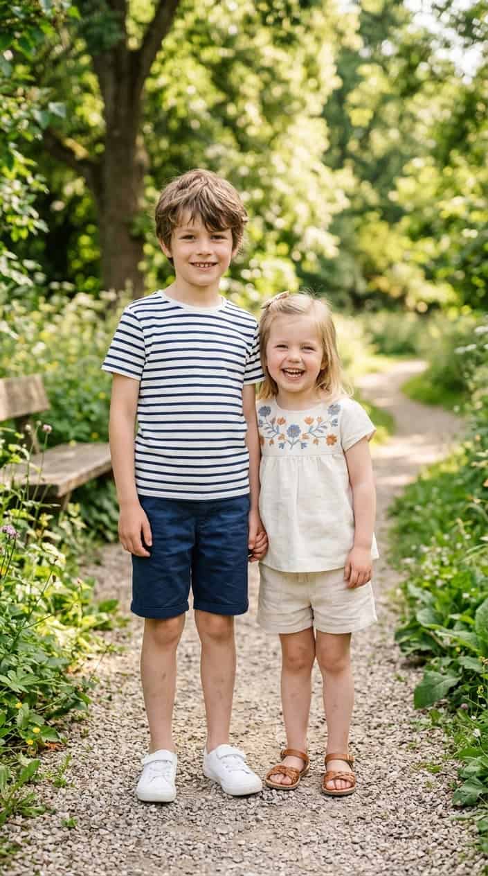Summer Family Picture Outfits That Coordinate Without Looking Matchy 4 Two young siblings standing outdoors wearing coordinating summer outfits, smiling and posing together.