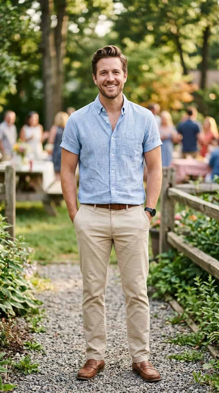 Summer Family Picture Outfits That Coordinate Without Looking Matchy 23 A man wearing a light linen shirt and sand-colored chinos standing outdoors in natural light.