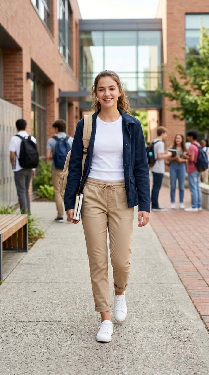 A young person wearing pull-on chino pants stands outdoors near a school setting, dressed casually and confidently.