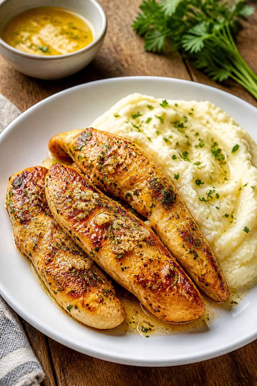 Plate of garlic-butter chicken tenders served with mashed potatoes garnished with parsley on a wooden table.