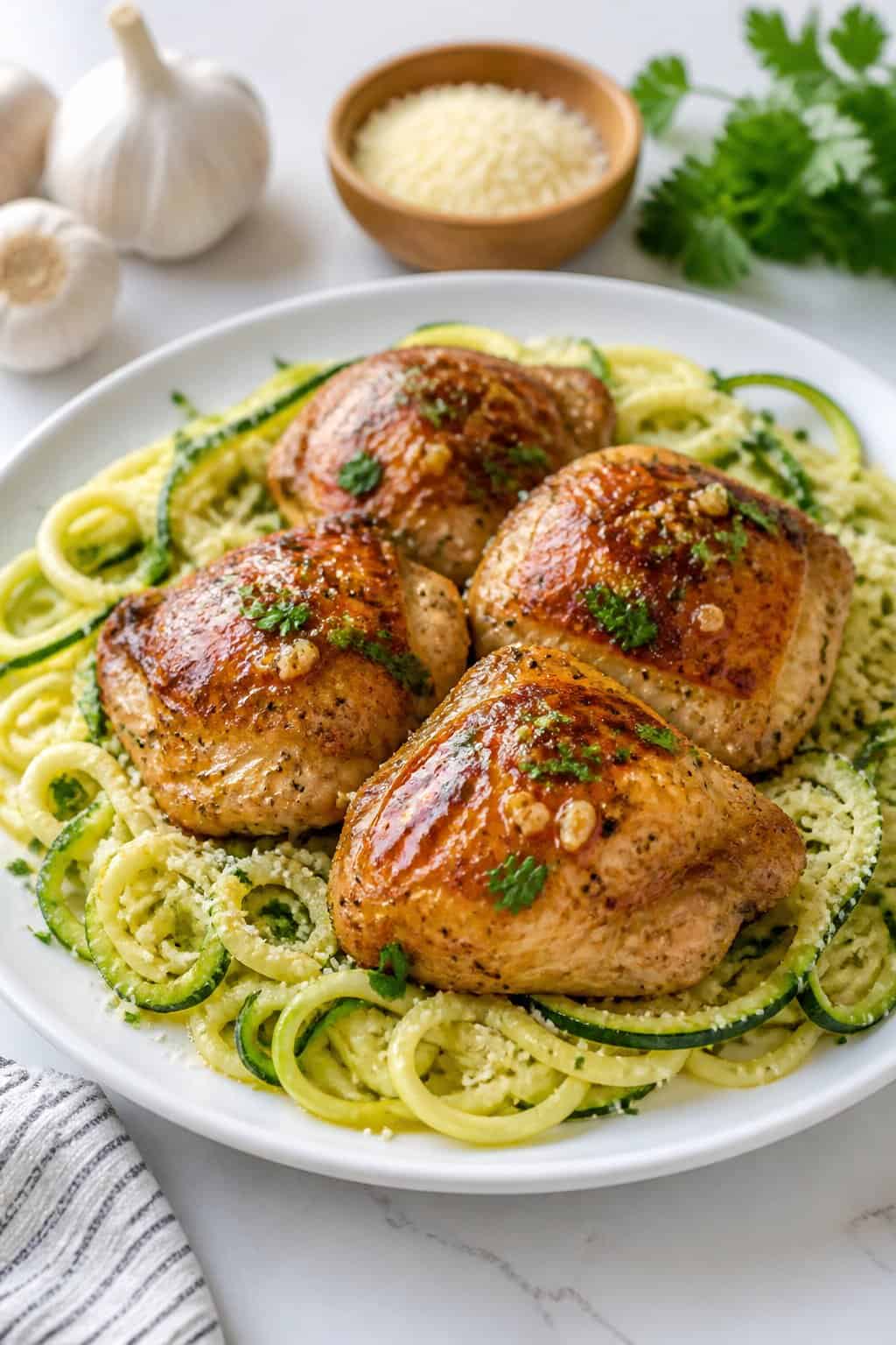Golden seared chicken thighs plated over a tangle of zucchini noodles glistening with garlic butter, topped with grated Parmesan and a few fresh herb leaves, served on a light-colored plate.