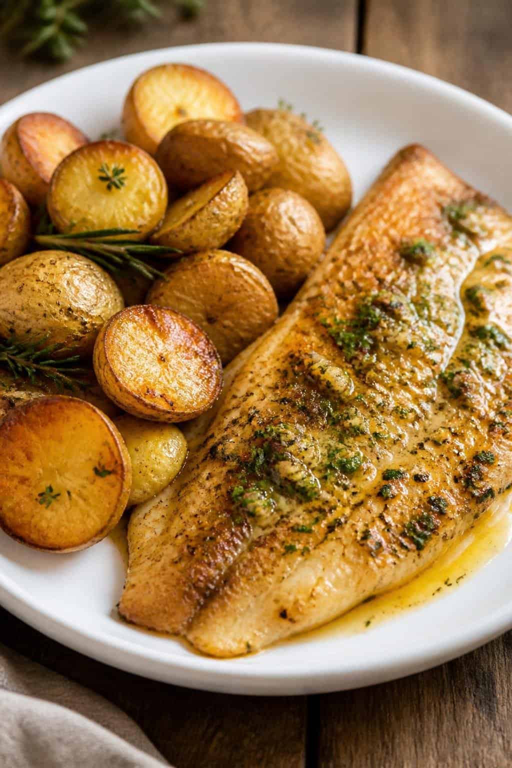 A flaky tilapia fillet with a golden garlic butter crust beside halved roasted baby potatoes garnished with dried parsley on a wooden table.