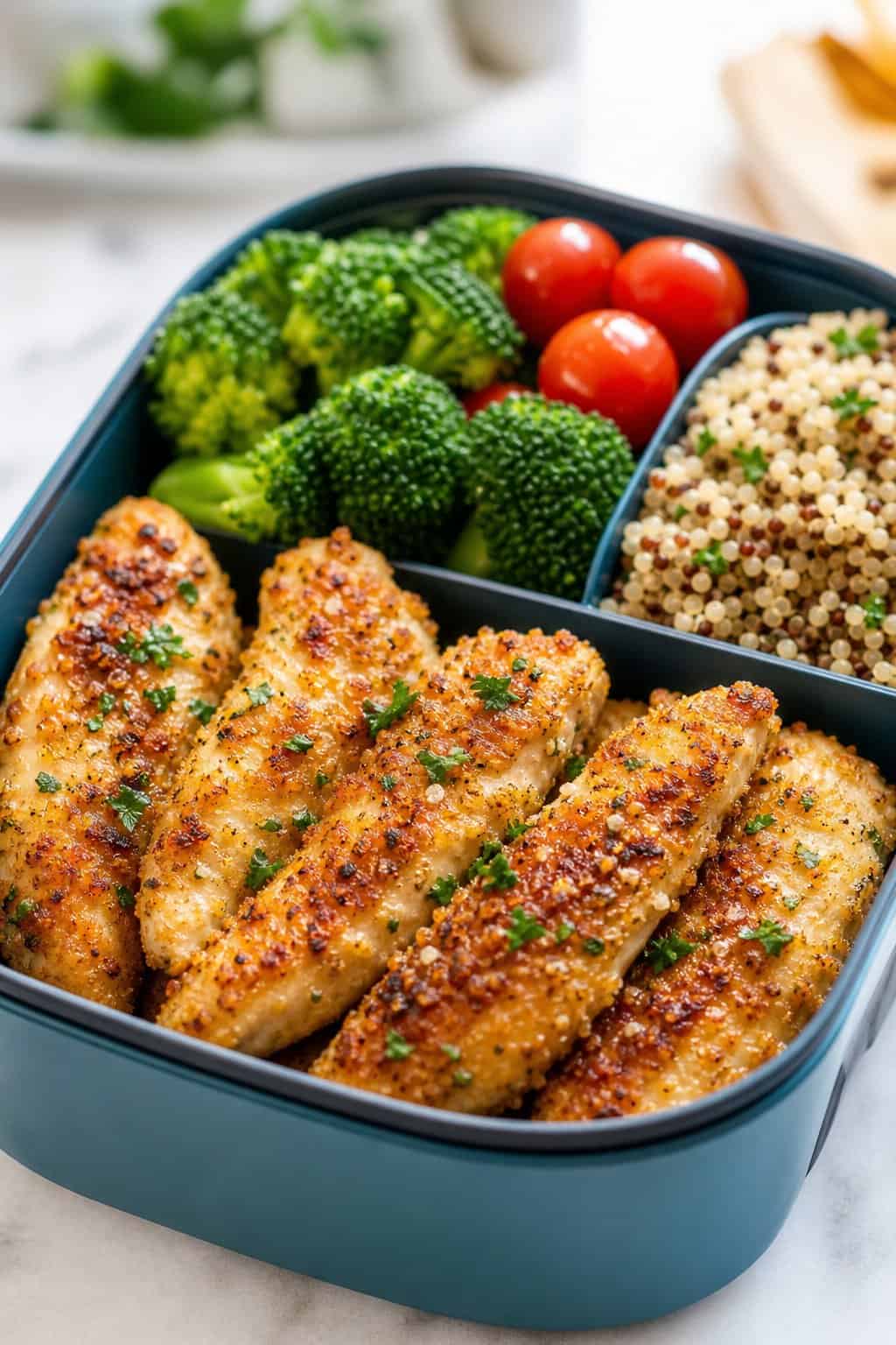 Close-up of garlic-Parmesan baked chicken tenderloins packed neatly alongside colorful vegetables inside a divided lunchbox.