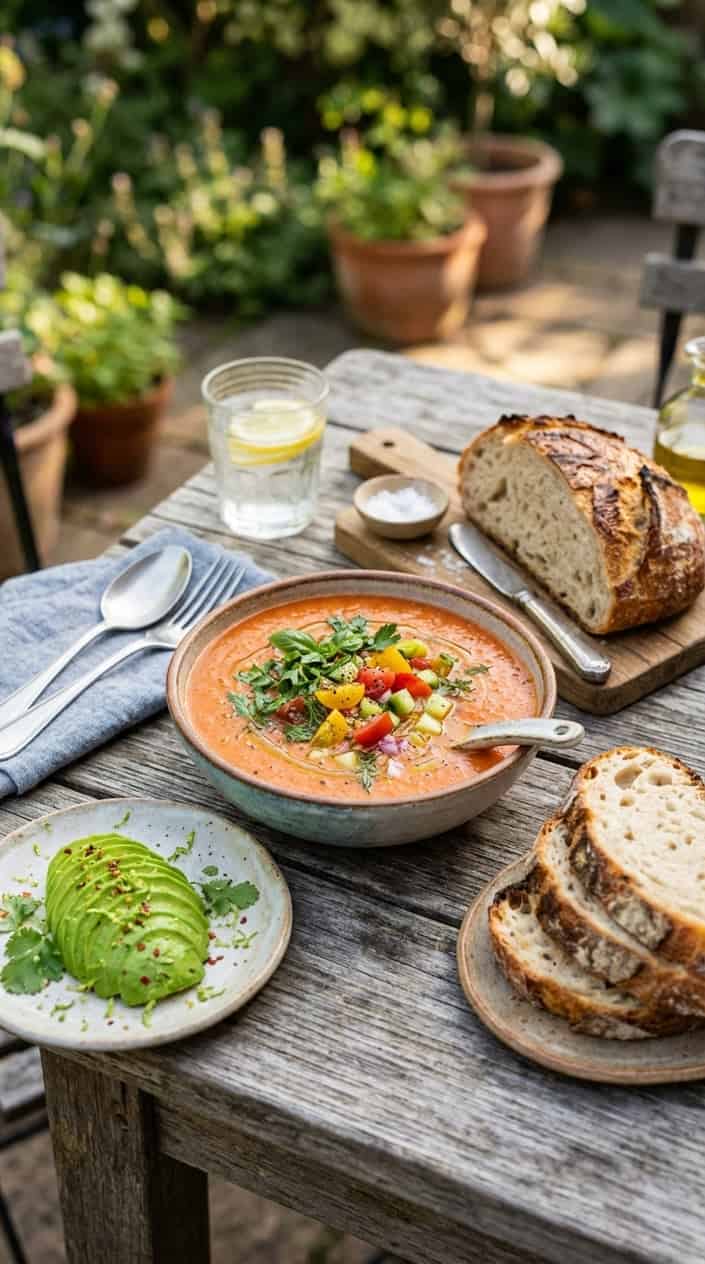 21 No-Heat Summer Dinner Recipes 9 A bowl of gazpacho soup with crusty bread slices and sliced avocado on a wooden table.