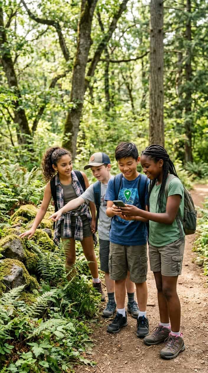 18 Kid-Friendly Outdoor Summer Activities for Tweens and Older Kids 14 Three kids crouching near the base of a mossy tree in a forest, one holding a smartphone with the geocaching app open, all of them peering at the ground.