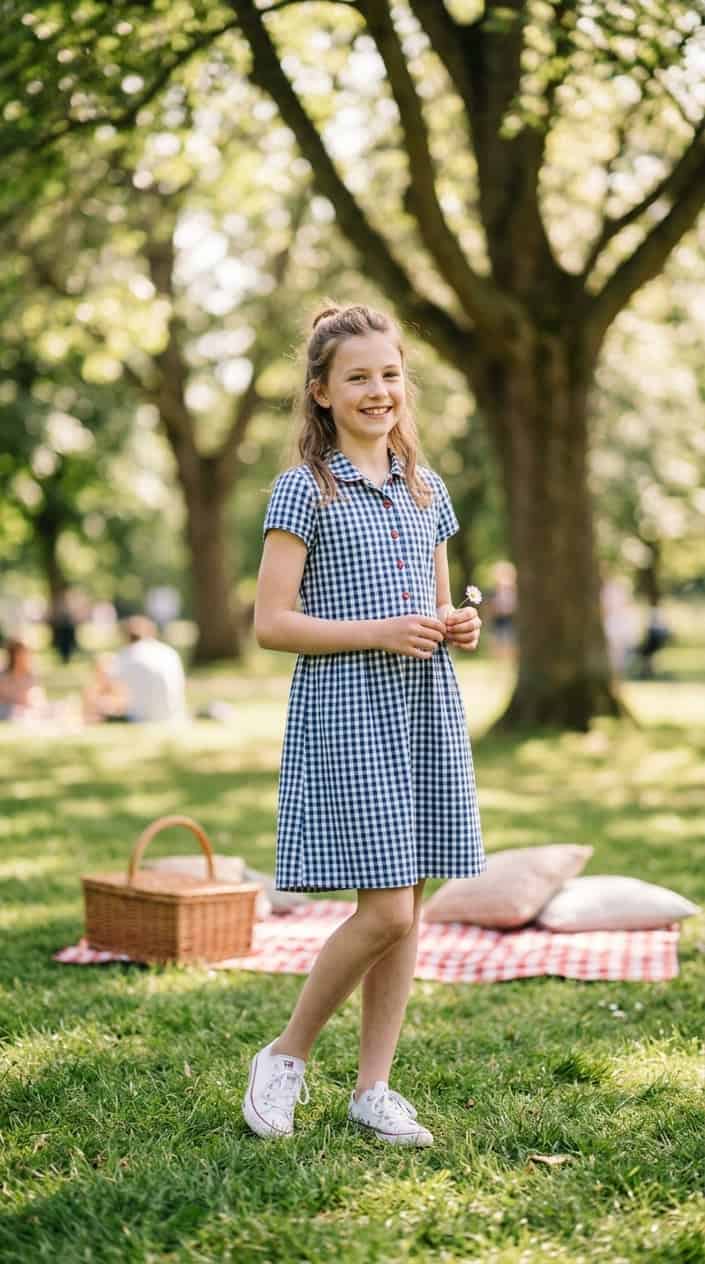18 Tween Girl Outfits for the Summer They Outgrow Every Shirt 14 A young girl wearing a gingham dress stands outdoors in a sunny park with a picnic setup in the background.