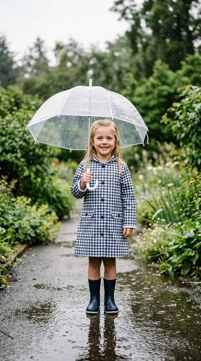 Little Girl Dress Styles for a Rainy Birthday Party 3 A young girl standing outside on a rainy day holding a transparent umbrella.