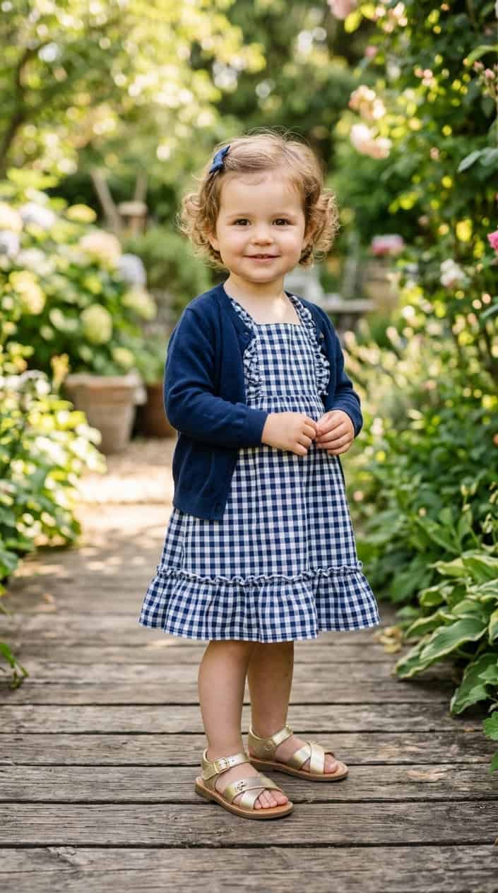 Easy Mix-and-Match Toddler Girl Summer Outfits 3 Toddler girl standing outdoors wearing a gingham sundress, navy cardigan, and gold sandals.