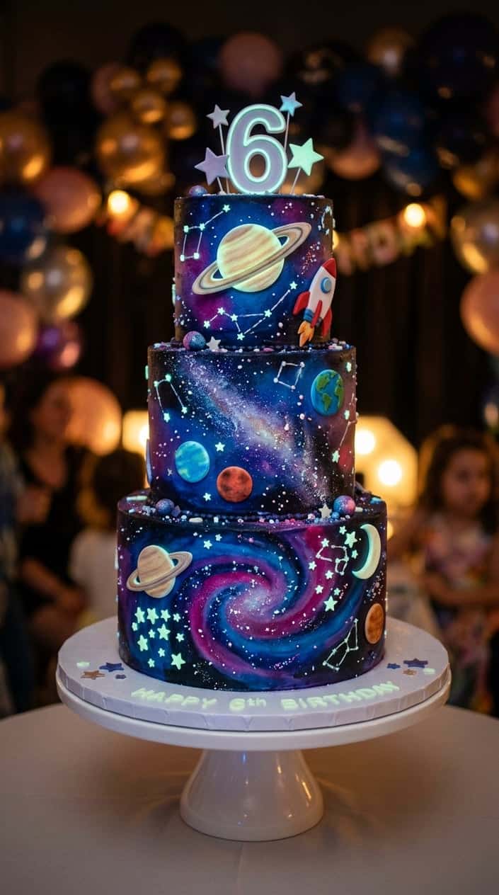 A multi-tiered galaxy-themed birthday cake with glowing stars and planets on a white cake stand.