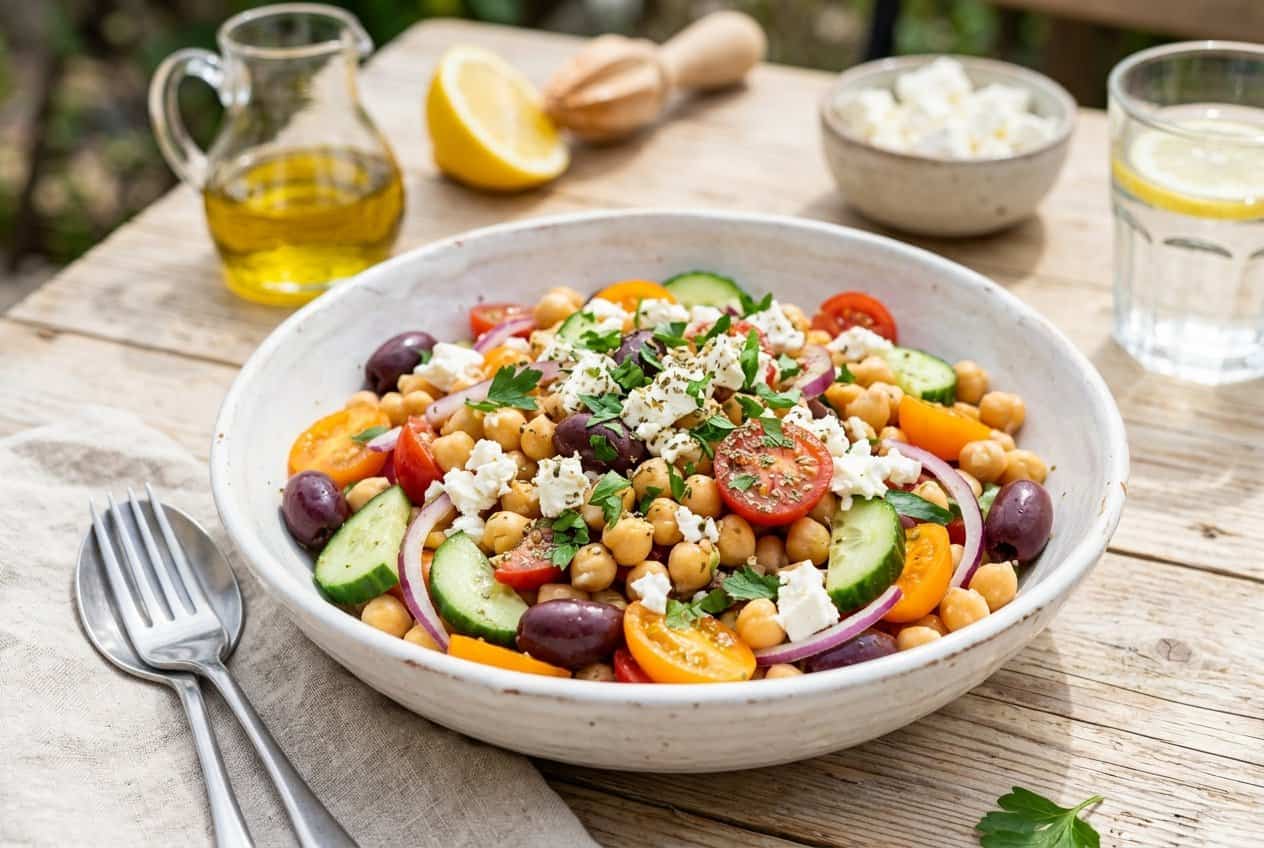 A large bowl of Greek chickpea salad packed with golden chickpeas, halved cherry tomatoes, diced cucumber, sliced Kalamata olives, crumbled feta, and scattered fresh parsley on a wooden table.