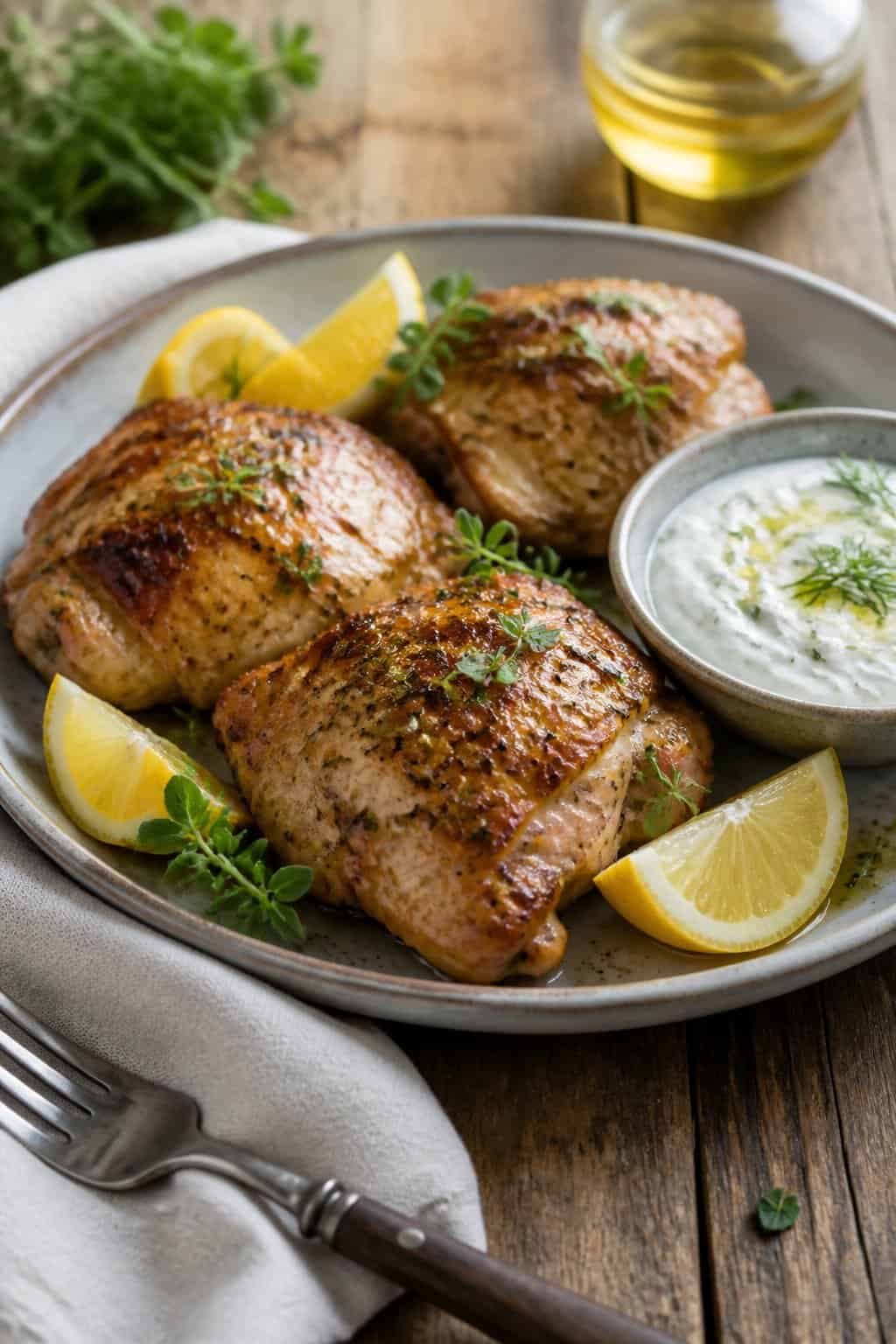 Sliced lemon-oregano chicken thighs on a wooden table with a small white bowl of thick tzatziki sauce, lemon wedges, and scattered fresh herb leaves nearby.