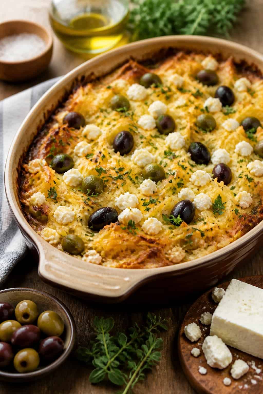 A baked casserole with golden hashbrowns, feta cheese, olives, and herbs in a ceramic dish on a wooden table.