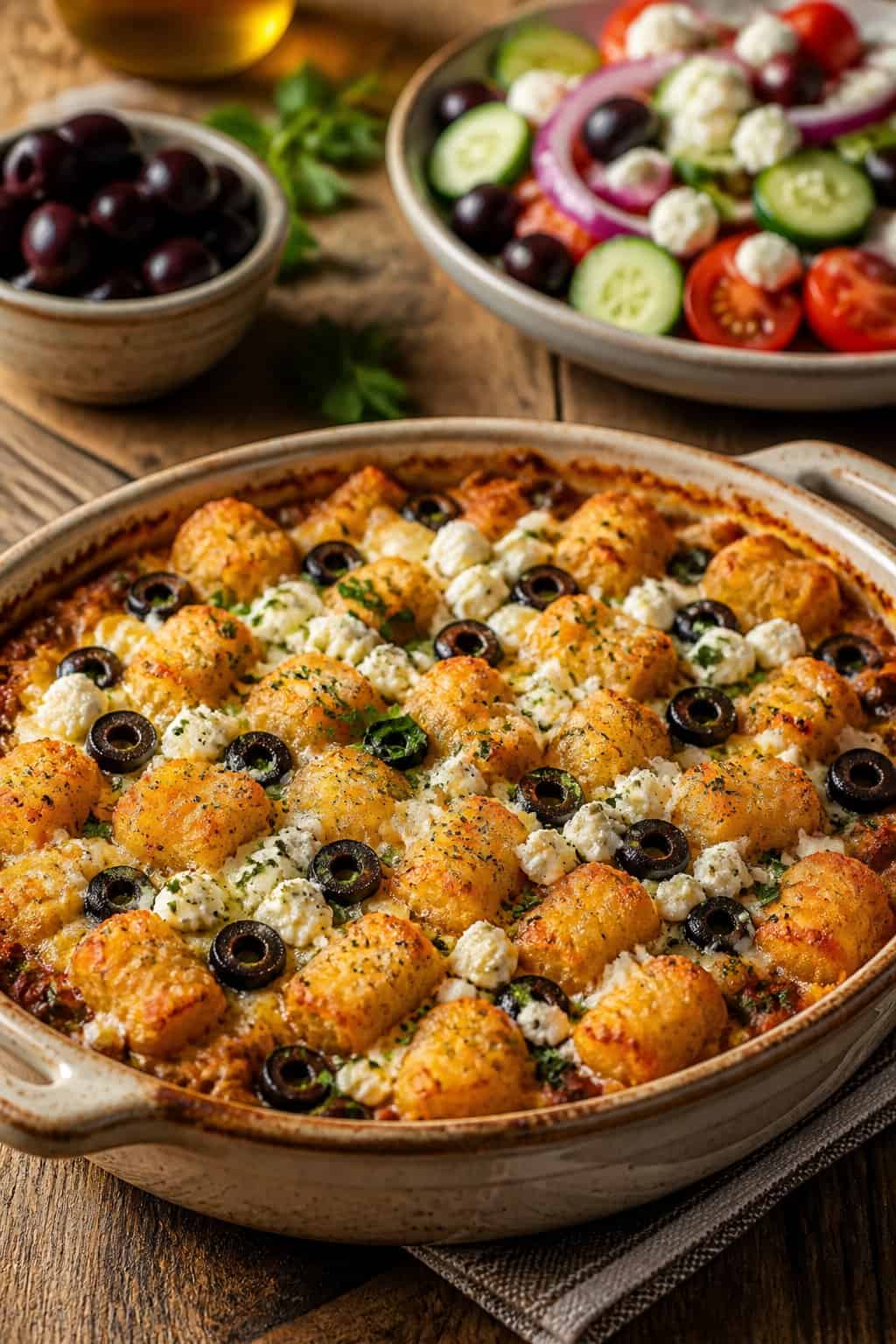 A golden brown tater tot casserole topped with crumbled white feta and dark Kalamata olives on a wooden table, with a bowl of olives and a fresh green salad alongside it.