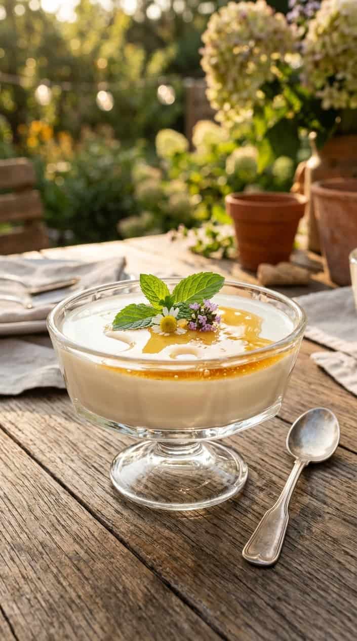 Summer Desserts That Hold Up in the Heat 20 A glass dish of Greek yogurt and honey panna cotta topped with honey and garnished with mint leaves on a wooden table in warm sunlight.