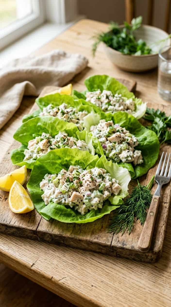 21 No-Heat Summer Dinner Recipes 7 Lettuce wraps filled with creamy Greek yogurt chicken salad on a wooden platter with lemon wedges and fresh herbs.