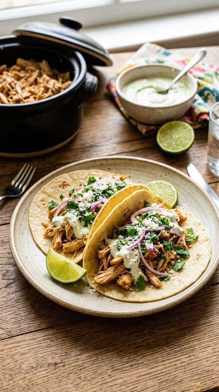 Close-up of lime-marinated shredded chicken tacos topped with pale green avocado crema, fresh cilantro, and thinly sliced red onion, with lime wedges and a small bowl of crema in the background on a wooden table.