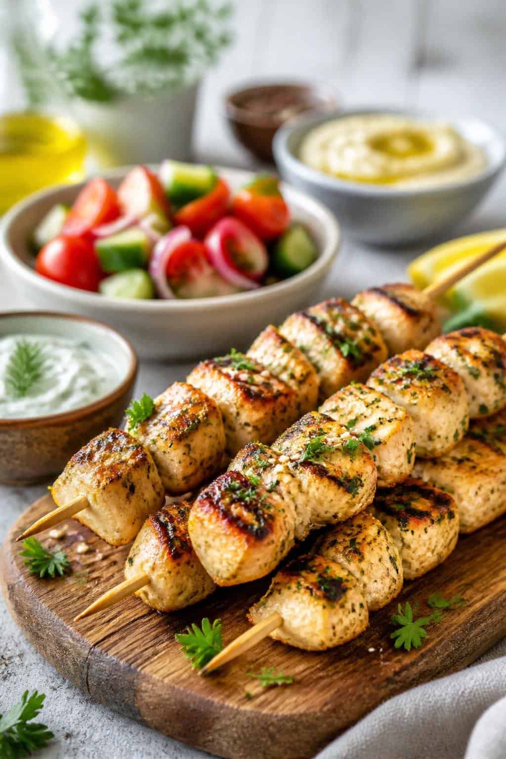 Grilled chicken skewers marinated in Greek yogurt served on a wooden board with fresh herbs and dipping sauces.