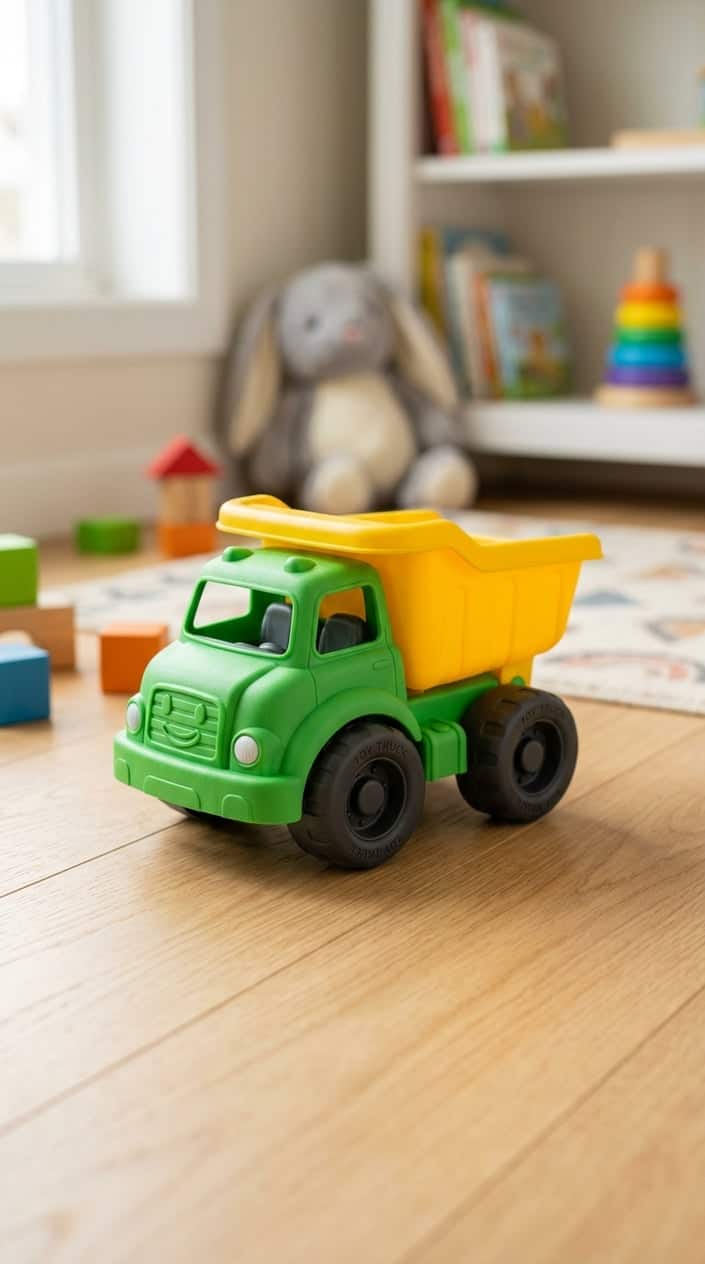 A green toy dump truck for babies placed on a light surface with soft natural lighting and blurred baby toys in the background.