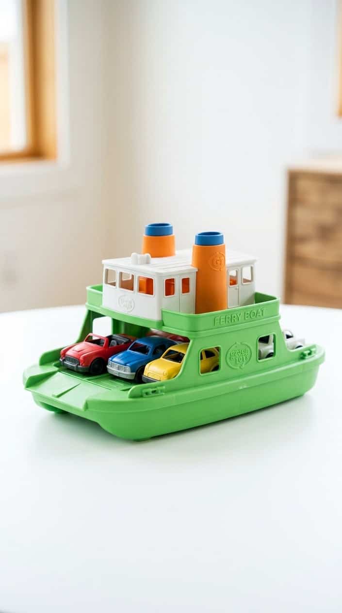 A green toy ferry boat with several colorful mini cars on its deck placed on a white surface.