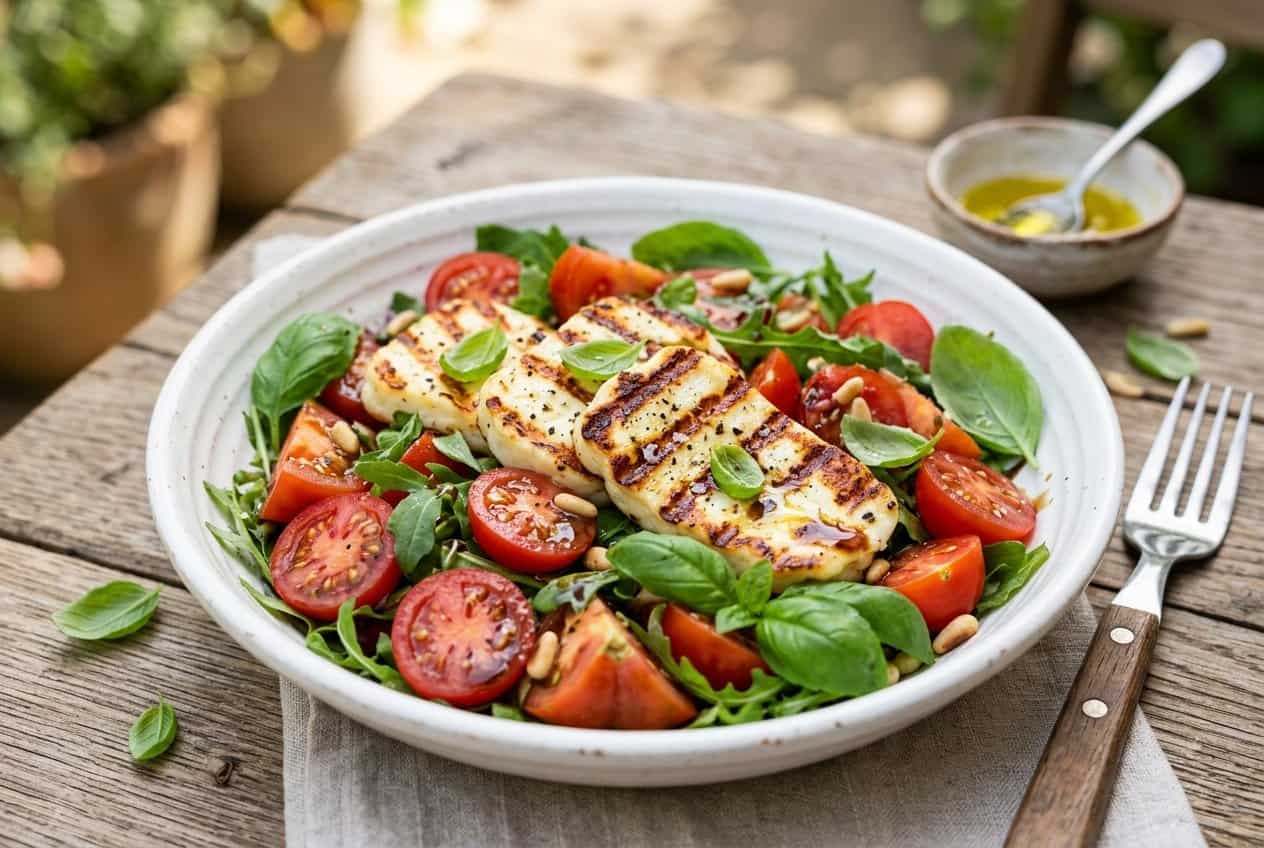 A shallow bowl of grilled halloumi slices with distinct golden grill marks resting on a bed of halved cherry tomatoes and torn fresh basil leaves, drizzled with olive oil.