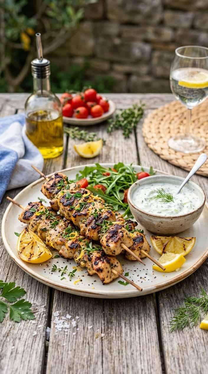 21 No-Heat Summer Dinner Recipes 2 Grilled lemon-garlic chicken skewers on a wooden table with a bowl of tzatziki sauce and lemon wedges.