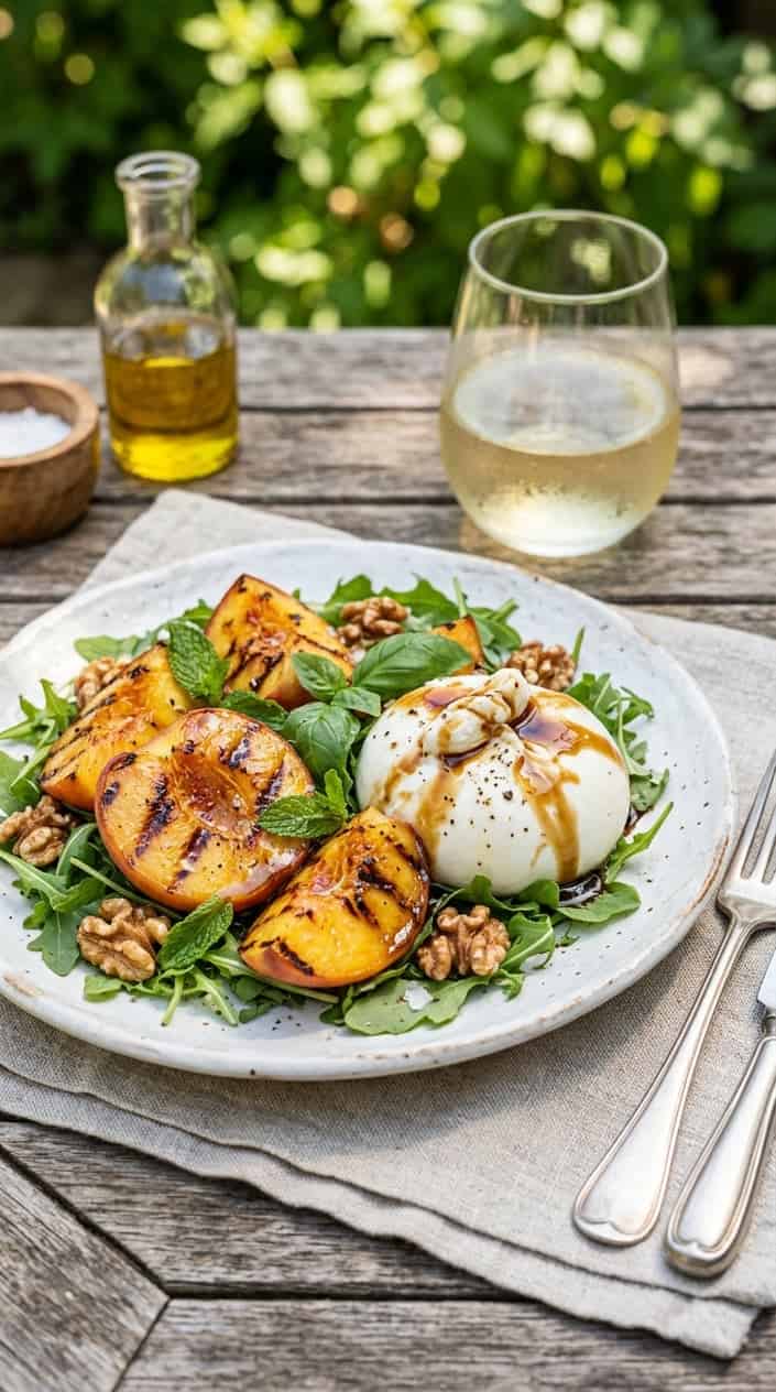 21 No-Heat Summer Dinner Recipes 19 A plate of grilled peach and burrata salad with honey-balsamic dressing on a rustic table with summer sunlight.