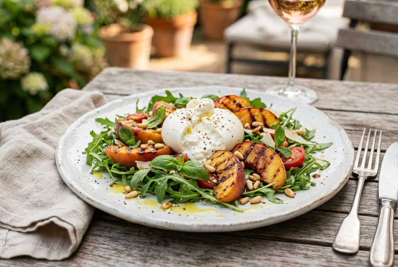 A white platter scattered with peppery arugula, caramelized grilled peach halves, torn burrata cheese, pine nuts, and a dark balsamic glaze drizzle.