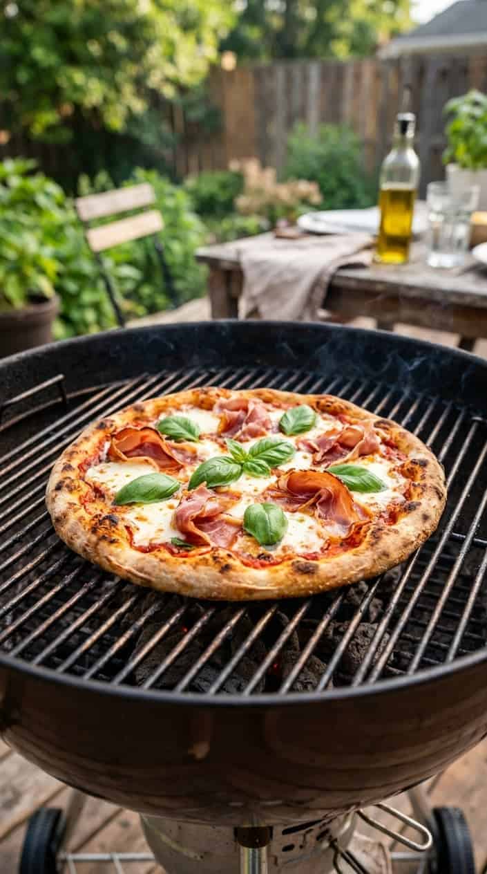 Grilled pizza topped with mozzarella, basil, and prosciutto cooking on a backyard grill outdoors.