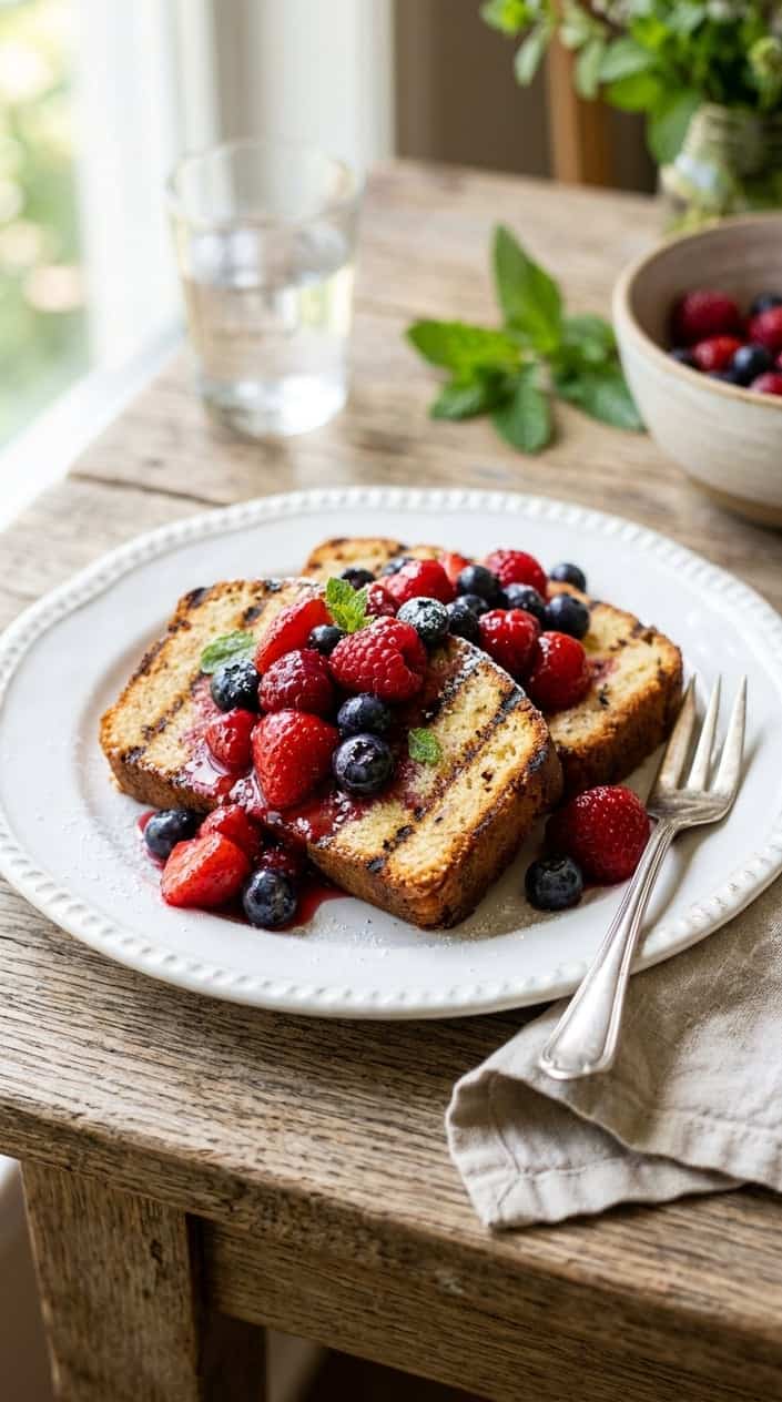 Slices of grilled pound cake topped with macerated strawberries, blueberries, and raspberries on a white plate on a wooden table.