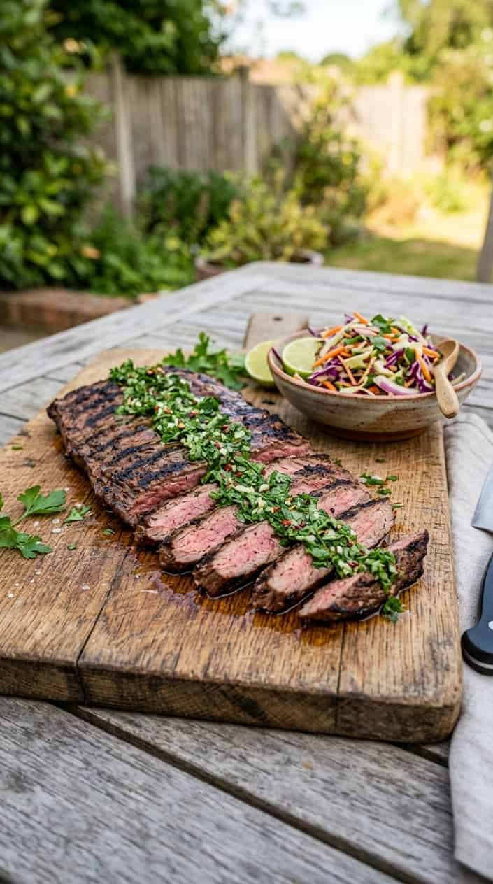21 No-Heat Summer Dinner Recipes 11 Grilled skirt steak topped with chimichurri sauce served alongside a simple cabbage and carrot slaw on a wooden board.