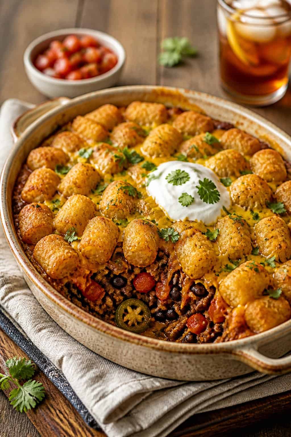 A baked casserole dish with a ground beef taco tater tot filling, the surface topped with melted orange cheddar and a scattering of green cilantro and white sour cream dollops.
