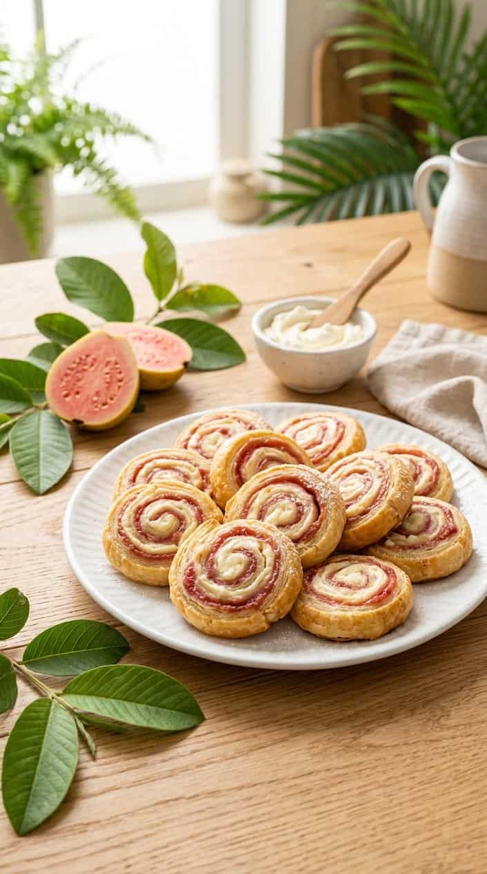 Sliced cream cheese pinwheels with a vivid pink guava swirl showing at the cut edge, arranged on a wooden board with a few halved guava fruits.