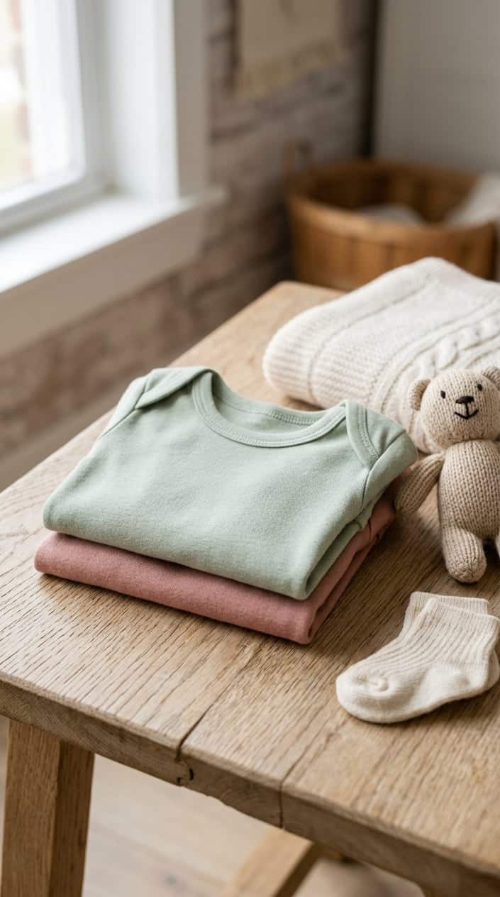 Two folded baby cotton crewneck tees on a wooden surface with baby accessories around them.