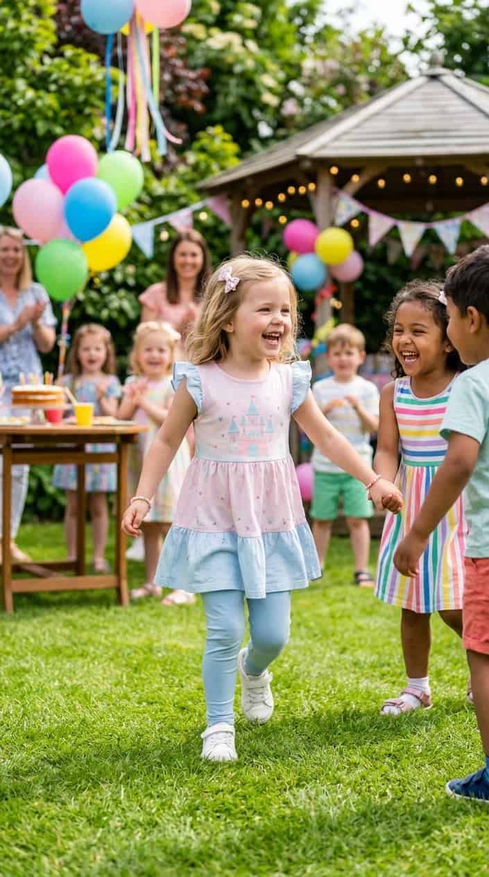 Princess Outfits a Four-Year-Old Will Keep On 22 Smiling four-year-old in a light pink A-line cotton princess tunic playing outdoors at a birthday party with balloons visible behind her