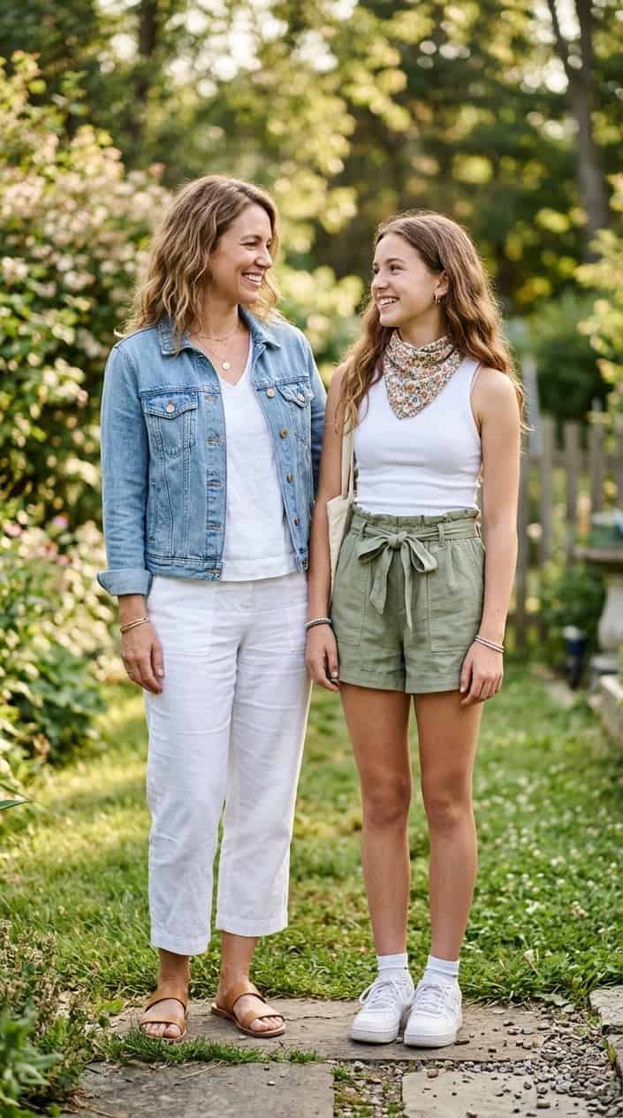 Summer Family Picture Outfits That Coordinate Without Looking Matchy 7 Two people standing outdoors wearing coordinated summer outfits, one in a denim jacket and the other in high-waist shorts, smiling and enjoying a sunny day.