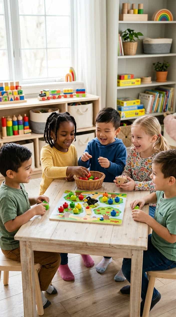 A group of young children playing together with a colorful wooden cooperative board game on a table in a bright playroom.
