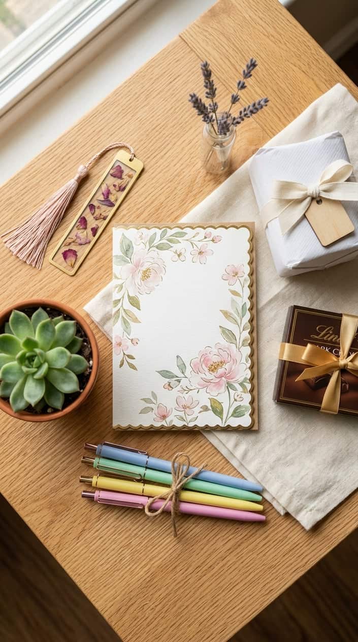 A flat lay of teacher appreciation gifts including a floral card, colorful pens, a bookmark, a small potted plant, a candle, and chocolates on a light wooden surface.