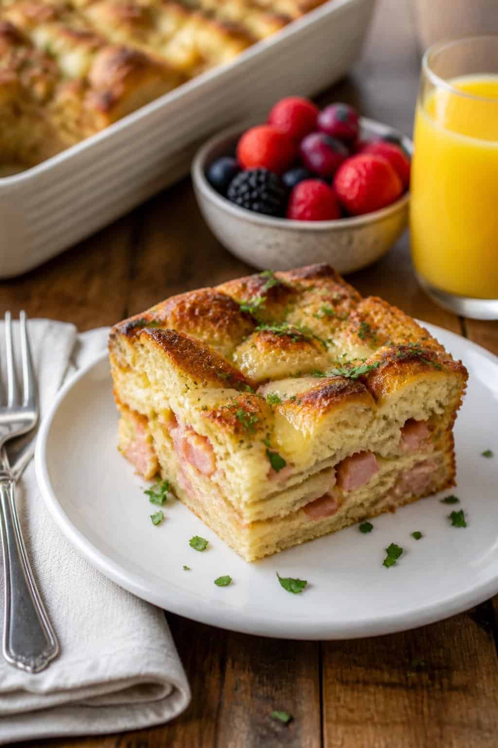 A plated slice of ham and Swiss French toast strata on a white plate garnished with fresh herbs, with a glass of orange juice and a small bowl of berries visible on the wooden table beside it.