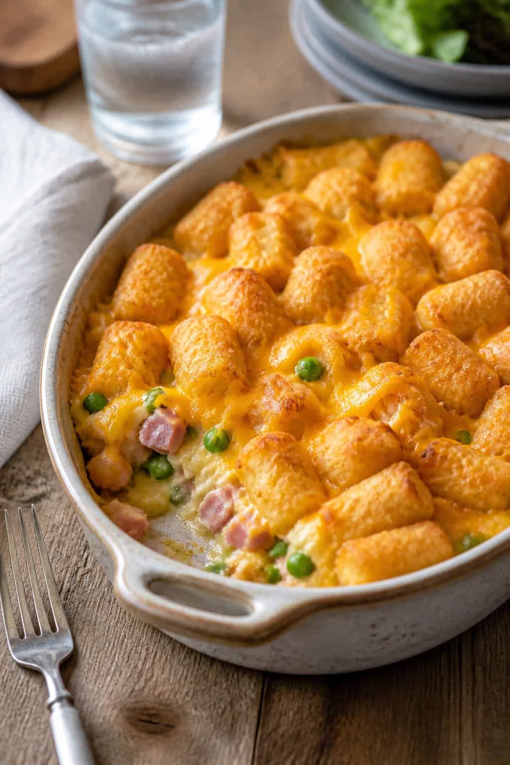 A baked tater tot casserole with pink-edged diced ham, bright green peas, and melted cheddar visible at the casserole edges, with golden tots covering the top in a ceramic dish on a wooden table.