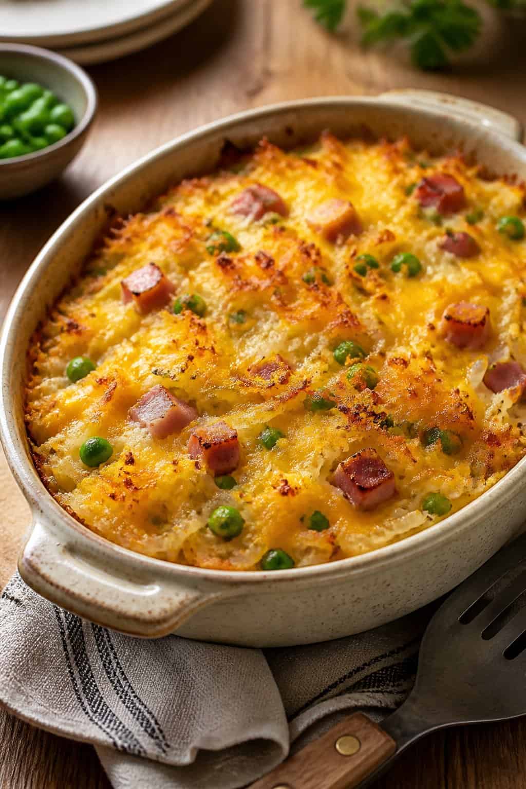 A baked ham, pea, and cheddar hashbrown casserole in a ceramic dish on a wooden table with a serving spatula and a bowl of peas nearby.